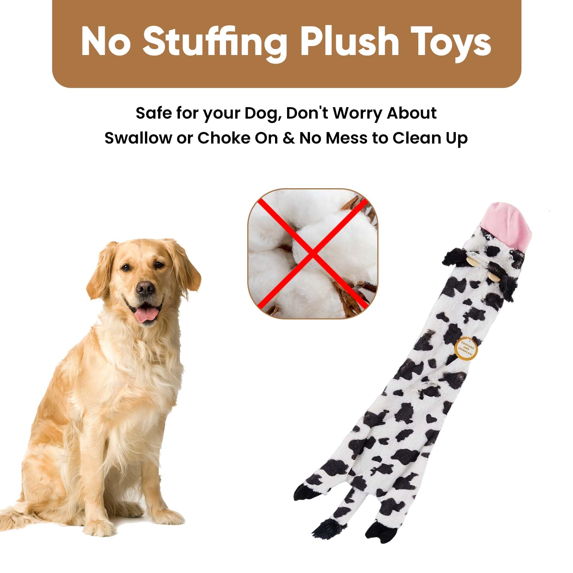 Spot Skinneeez Crinklers | Stuffless Dog Toys With Squeaker For Small Dogs | Crinkle Toy For Small Puppies | 23'' | Cow Design |